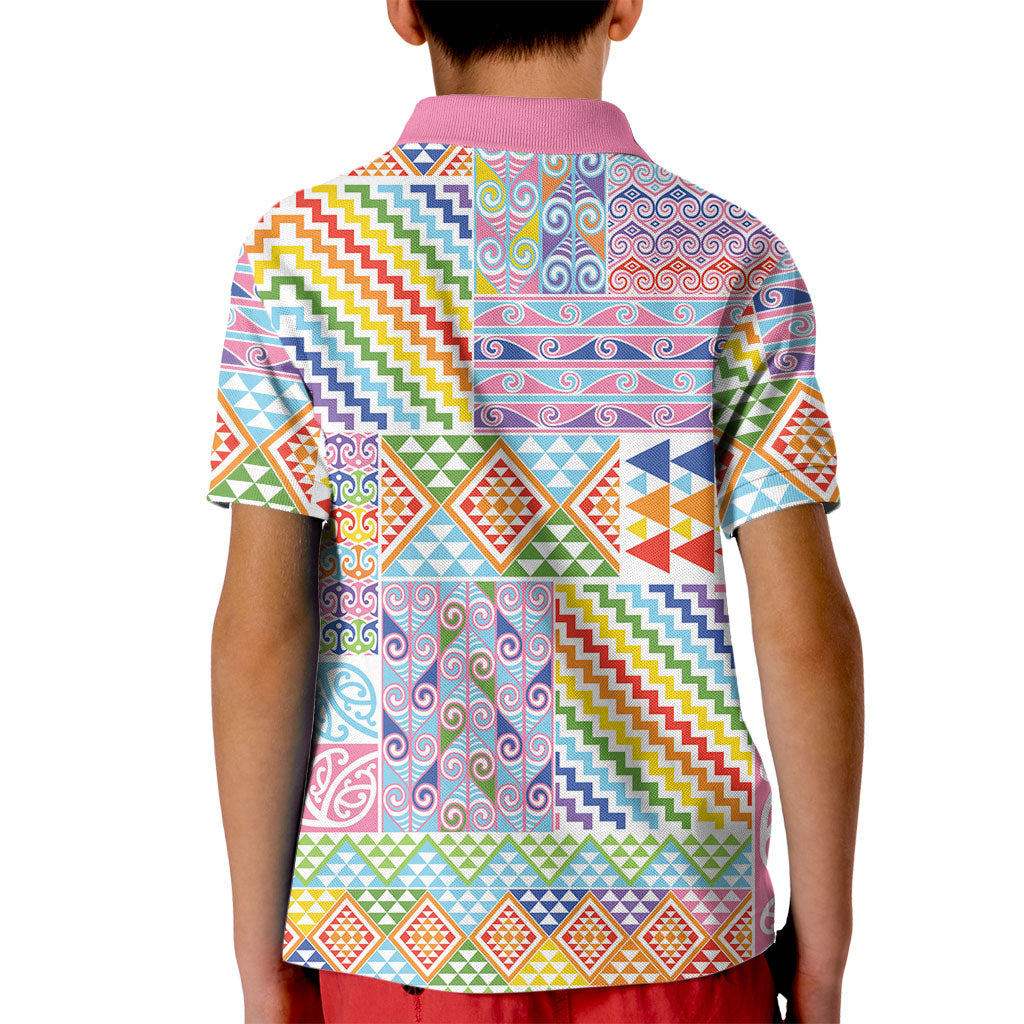 Aotearoa Kowhaiwhai Taniko Patchwork Rainbow Motifs Kid Polo Shirt LT9 - Polynesian Pride
