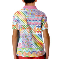 Aotearoa Kowhaiwhai Taniko Patchwork Rainbow Motifs Kid Polo Shirt LT9 - Polynesian Pride