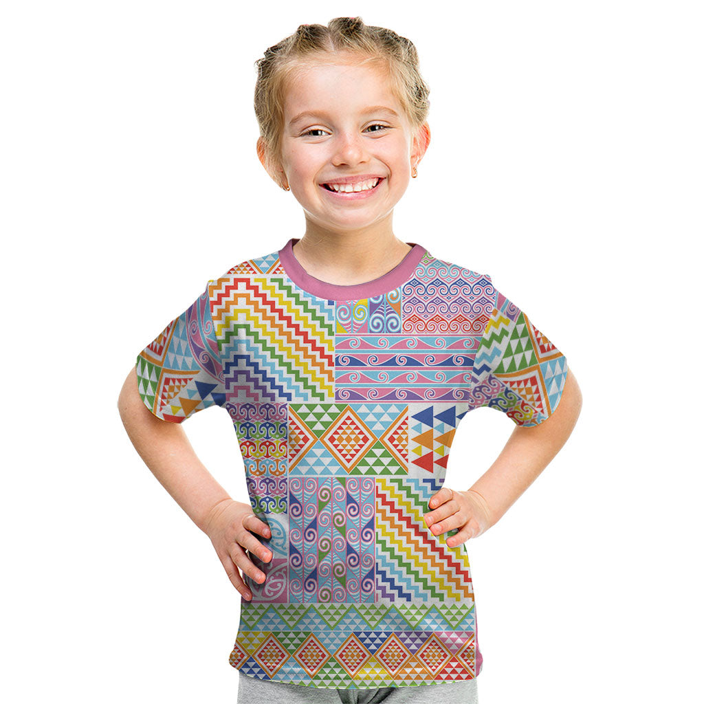 Aotearoa Kowhaiwhai Taniko Patchwork Rainbow Motifs Kid T Shirt