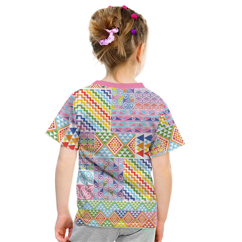 Aotearoa Kowhaiwhai Taniko Patchwork Rainbow Motifs Kid T Shirt