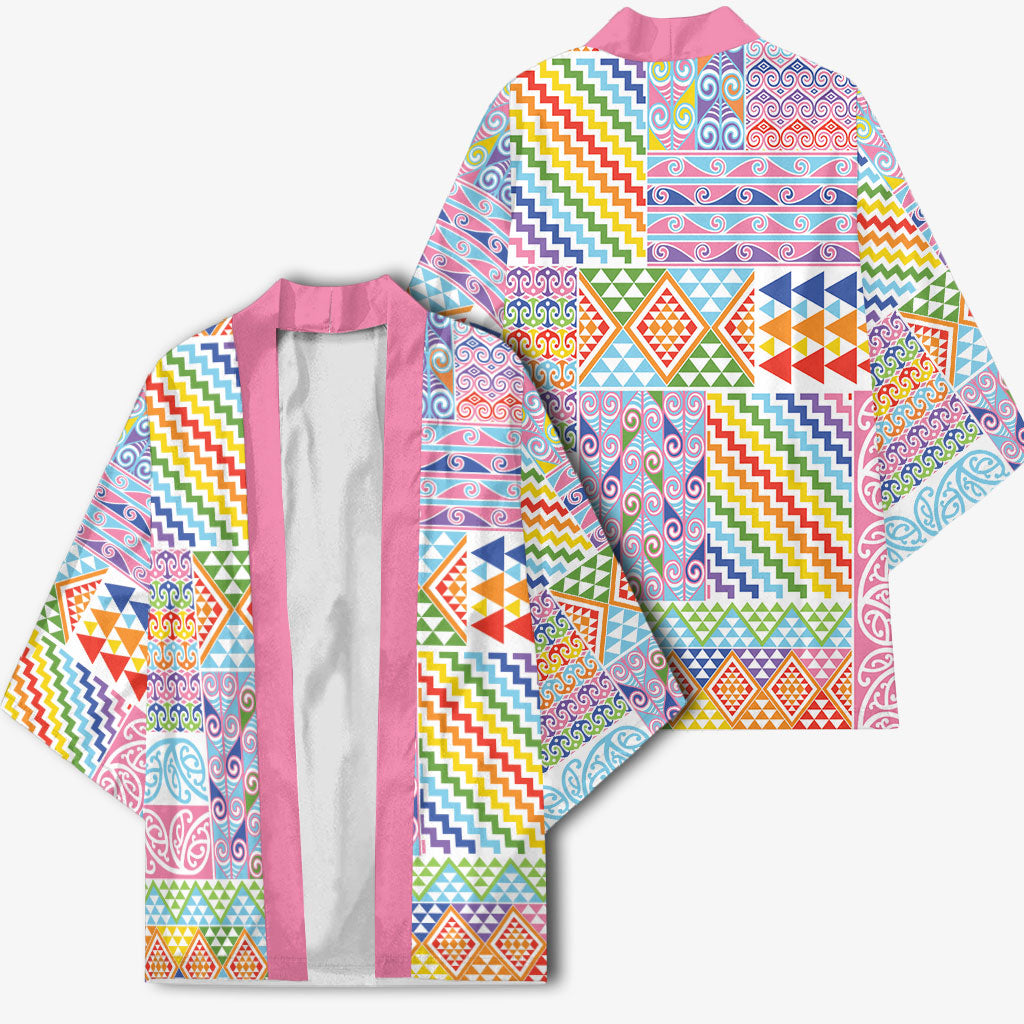 Aotearoa Kowhaiwhai Taniko Patchwork Rainbow Motifs Kimono LT9 - Polynesian Pride