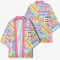 Aotearoa Kowhaiwhai Taniko Patchwork Rainbow Motifs Kimono LT9 - Polynesian Pride