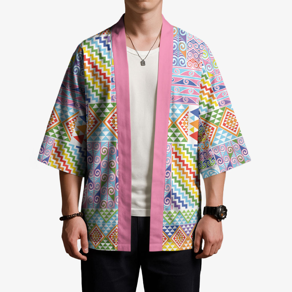Aotearoa Kowhaiwhai Taniko Patchwork Rainbow Motifs Kimono LT9 - Polynesian Pride