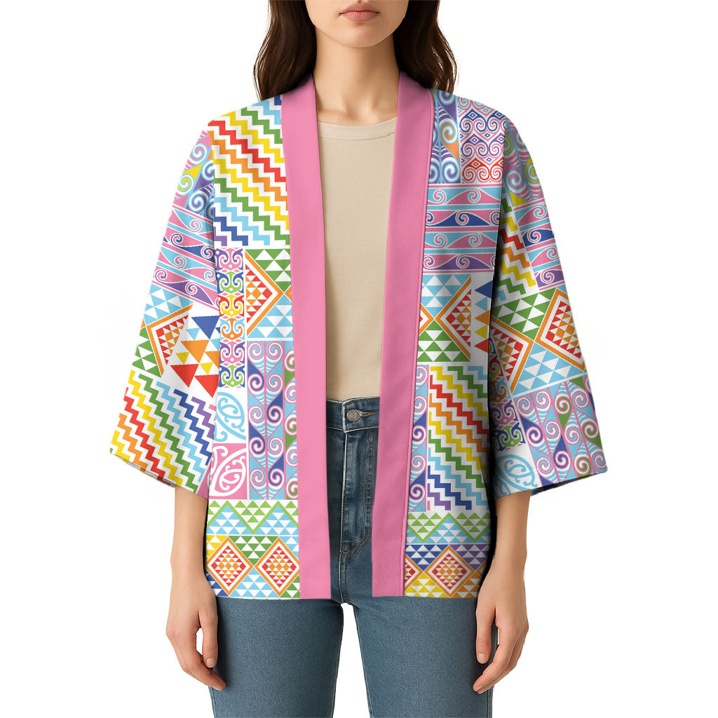 Aotearoa Kowhaiwhai Taniko Patchwork Rainbow Motifs Kimono LT9 - Polynesian Pride
