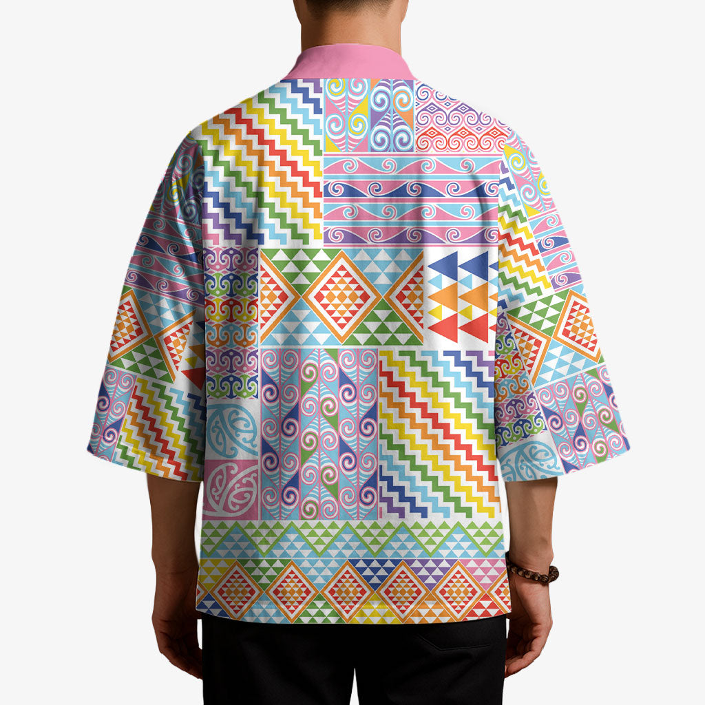 Aotearoa Kowhaiwhai Taniko Patchwork Rainbow Motifs Kimono LT9 - Polynesian Pride