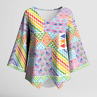 Aotearoa Kowhaiwhai Taniko Patchwork Rainbow Motifs Kimono Sleeve Blouse LT9 Female Rainbow - Polynesian Pride