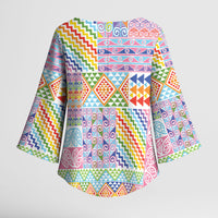 Aotearoa Kowhaiwhai Taniko Patchwork Rainbow Motifs Kimono Sleeve Blouse LT9 - Polynesian Pride