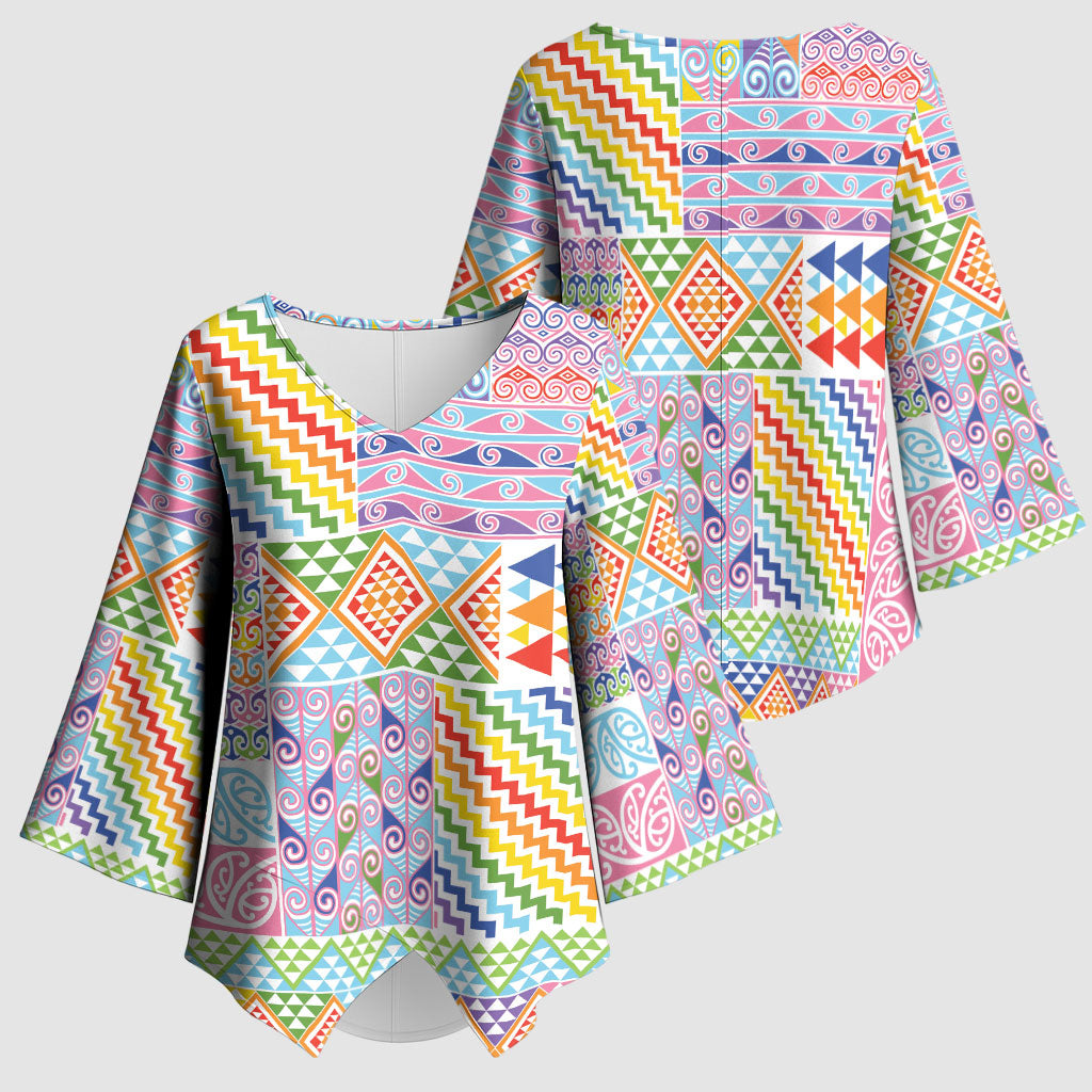 Aotearoa Kowhaiwhai Taniko Patchwork Rainbow Motifs Kimono Sleeve Blouse LT9 - Polynesian Pride