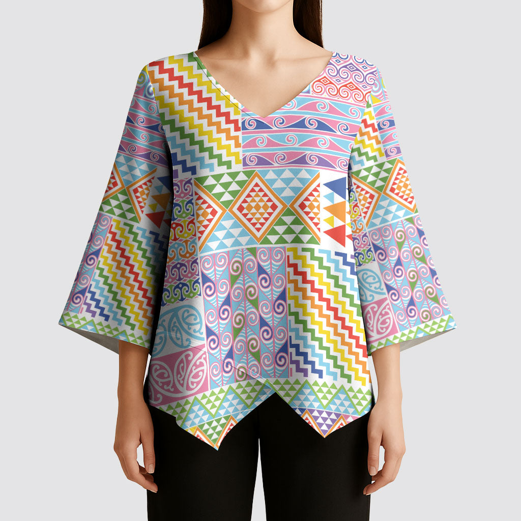 Aotearoa Kowhaiwhai Taniko Patchwork Rainbow Motifs Kimono Sleeve Blouse LT9 - Polynesian Pride