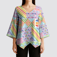 Aotearoa Kowhaiwhai Taniko Patchwork Rainbow Motifs Kimono Sleeve Blouse LT9 - Polynesian Pride