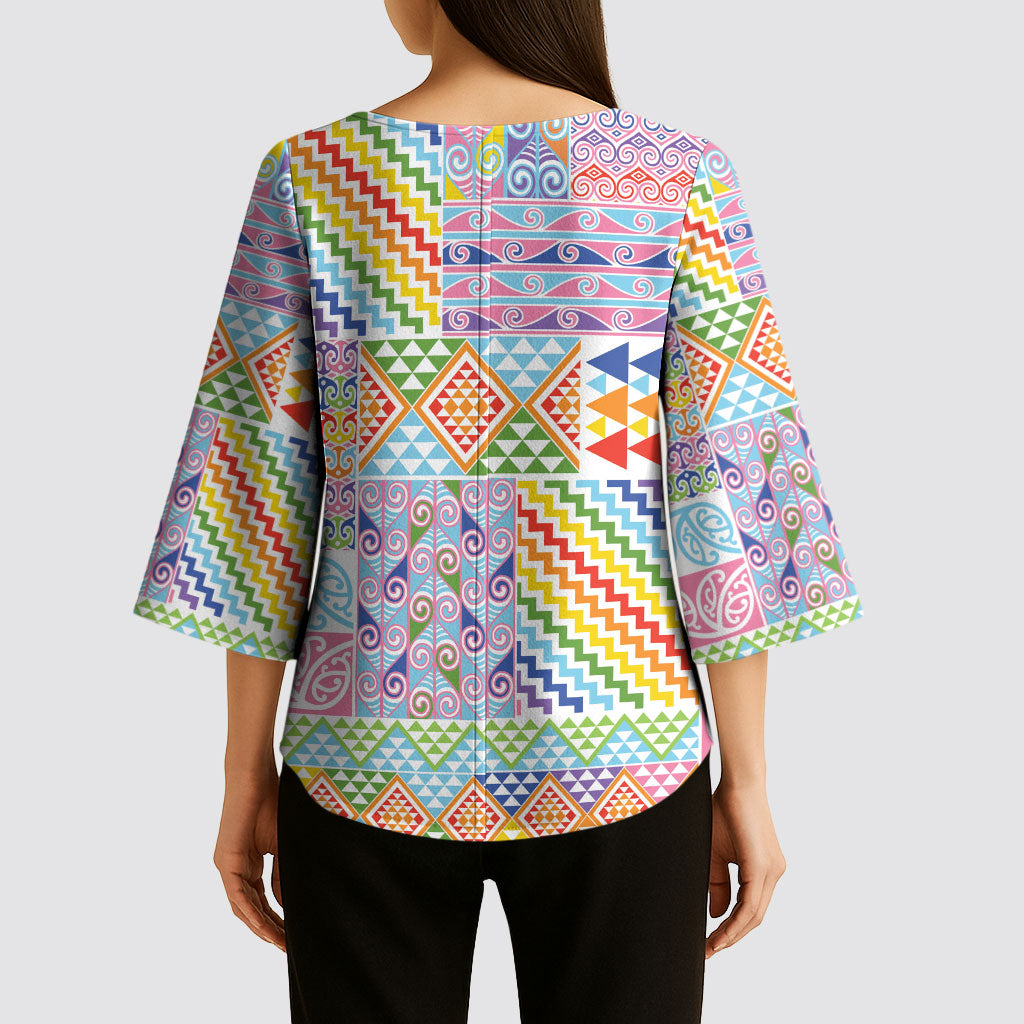 Aotearoa Kowhaiwhai Taniko Patchwork Rainbow Motifs Kimono Sleeve Blouse LT9 - Polynesian Pride