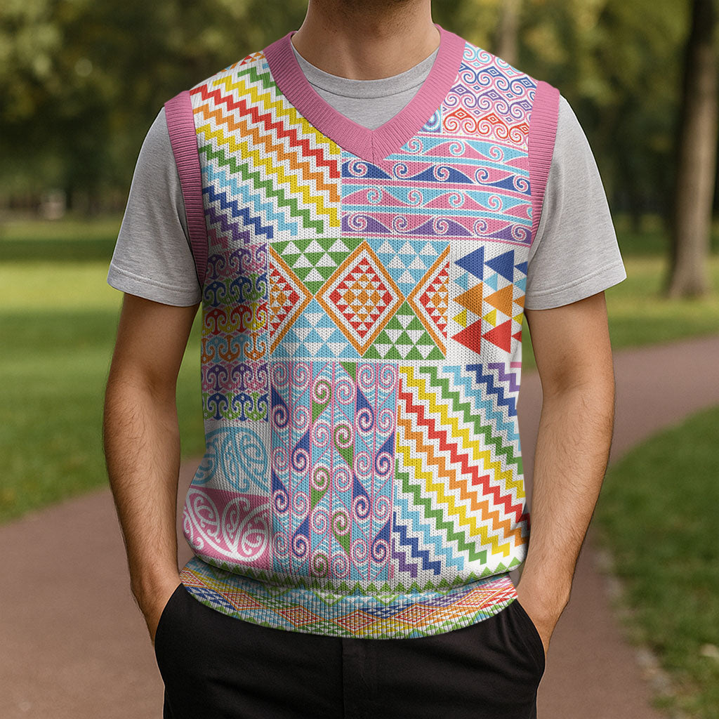 Aotearoa Kowhaiwhai Taniko Patchwork Rainbow Motifs Christmas Knitted V-Neck Vest LT9 - Polynesian Pride