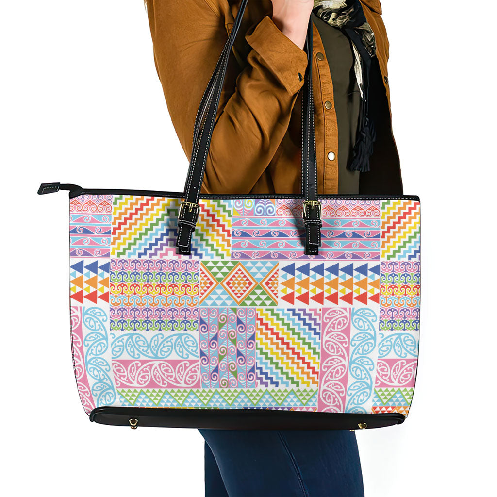 Aotearoa Kowhaiwhai Taniko Patchwork Rainbow Motifs Leather Tote Bag LT9 - Polynesian Pride