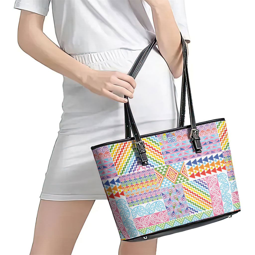 Aotearoa Kowhaiwhai Taniko Patchwork Rainbow Motifs Leather Tote Bag LT9 - Polynesian Pride