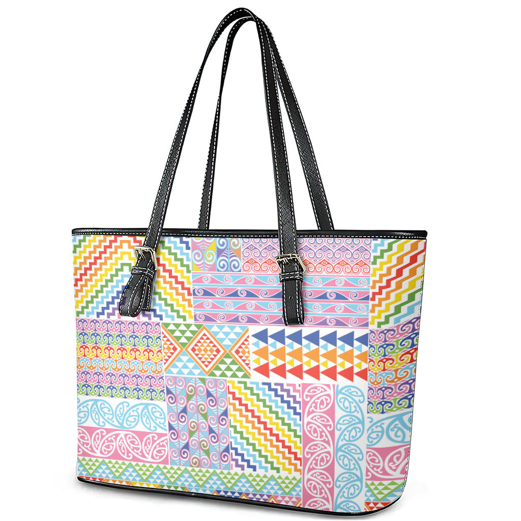 Aotearoa Kowhaiwhai Taniko Patchwork Rainbow Motifs Leather Tote Bag LT9 - Polynesian Pride