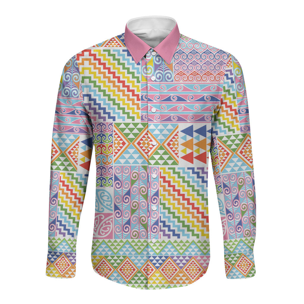 Aotearoa Kowhaiwhai Taniko Patchwork Rainbow Motifs Long Sleeve Button Shirt LT9 Unisex Rainbow - Polynesian Pride
