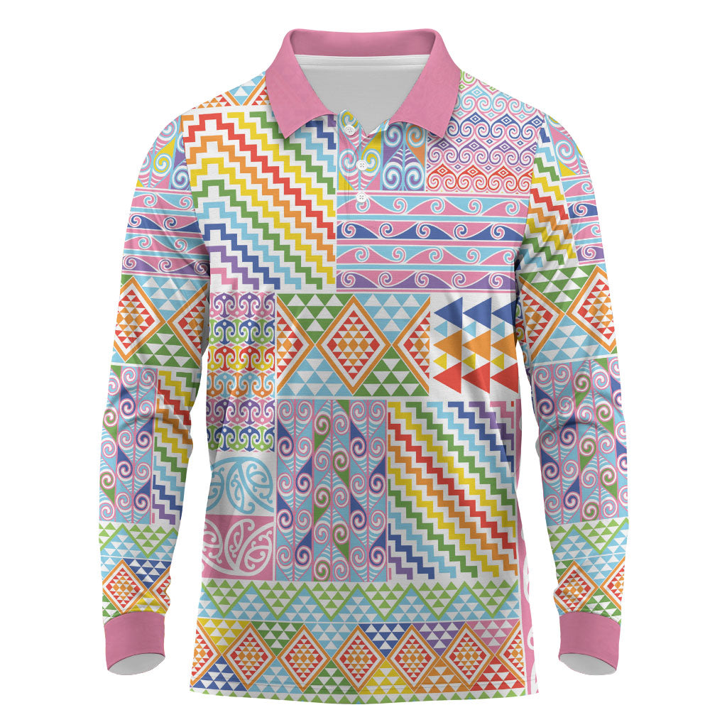 Aotearoa Kowhaiwhai Taniko Patchwork Rainbow Motifs Long Sleeve Polo Shirt LT9 Rainbow - Polynesian Pride