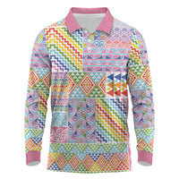 Aotearoa Kowhaiwhai Taniko Patchwork Rainbow Motifs Long Sleeve Polo Shirt LT9 Rainbow - Polynesian Pride