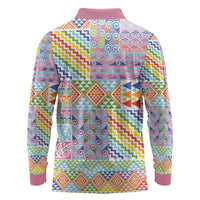 Aotearoa Kowhaiwhai Taniko Patchwork Rainbow Motifs Long Sleeve Polo Shirt LT9 - Polynesian Pride