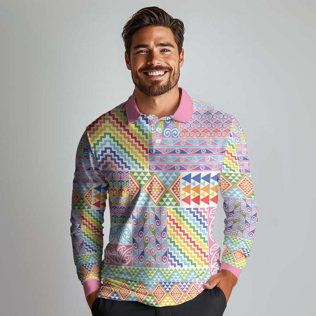 Aotearoa Kowhaiwhai Taniko Patchwork Rainbow Motifs Long Sleeve Polo Shirt LT9 - Polynesian Pride