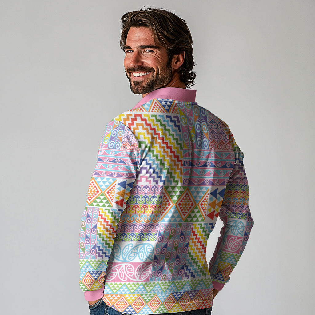 Aotearoa Kowhaiwhai Taniko Patchwork Rainbow Motifs Long Sleeve Polo Shirt LT9 - Polynesian Pride