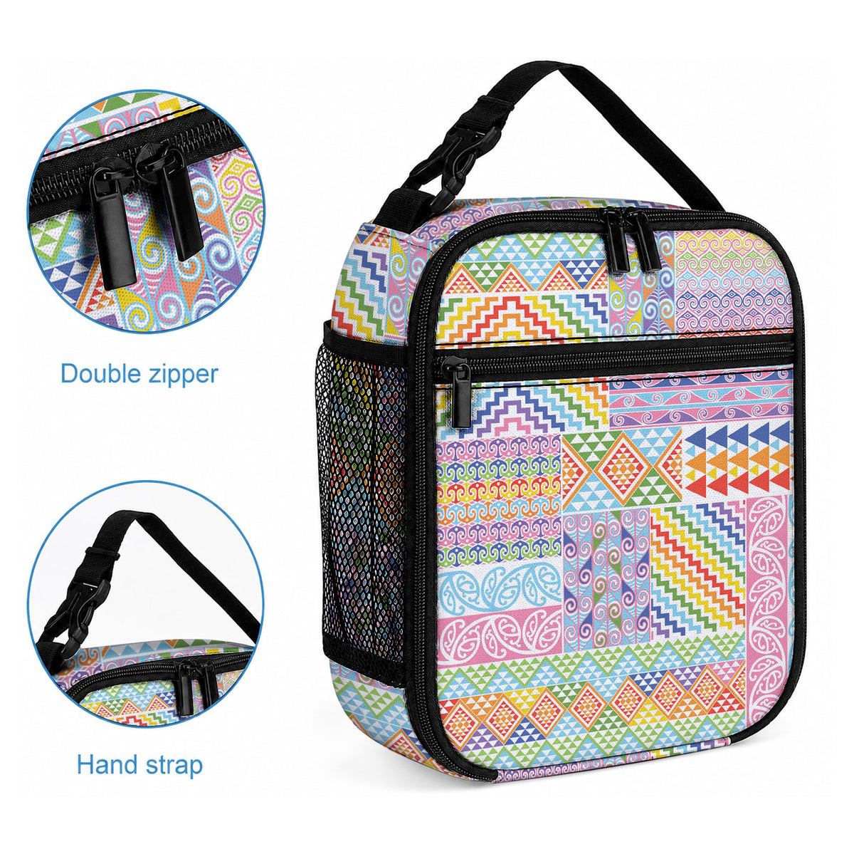 Aotearoa Kowhaiwhai Taniko Patchwork Rainbow Motifs Lunch Bag LT9 - Polynesian Pride