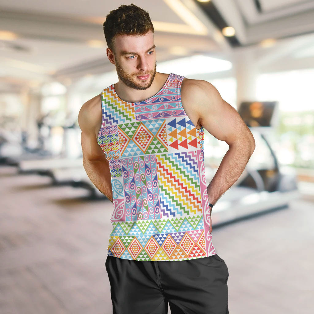 Aotearoa Kowhaiwhai Taniko Patchwork Rainbow Motifs Men Tank Top LT9 Rainbow - Polynesian Pride