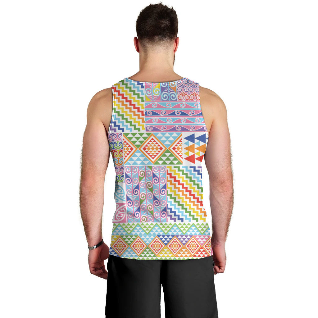 Aotearoa Kowhaiwhai Taniko Patchwork Rainbow Motifs Men Tank Top LT9 - Polynesian Pride