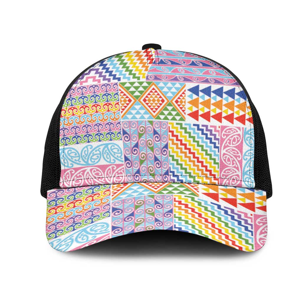 Aotearoa Kowhaiwhai Taniko Patchwork Rainbow Motifs Mesh Trucker Cap