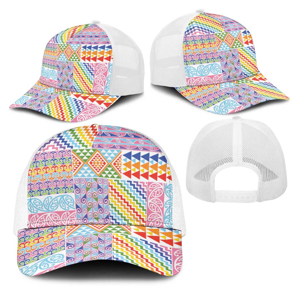 Aotearoa Kowhaiwhai Taniko Patchwork Rainbow Motifs Mesh Trucker Cap