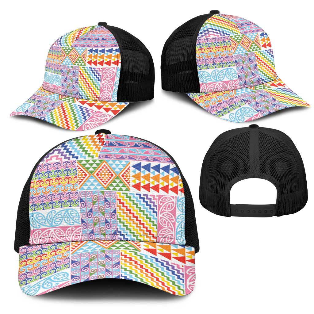 Aotearoa Kowhaiwhai Taniko Patchwork Rainbow Motifs Mesh Trucker Cap