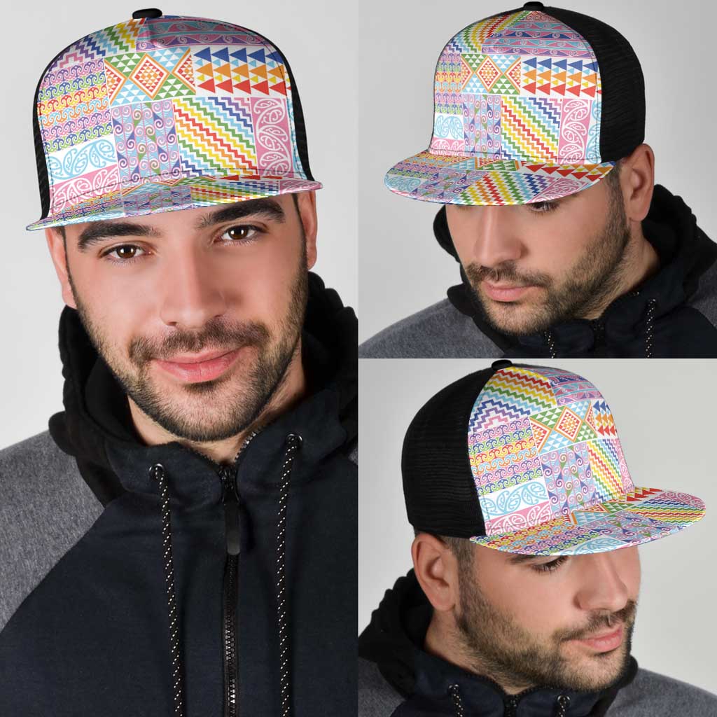 Aotearoa Kowhaiwhai Taniko Patchwork Rainbow Motifs Mesh Trucker Cap