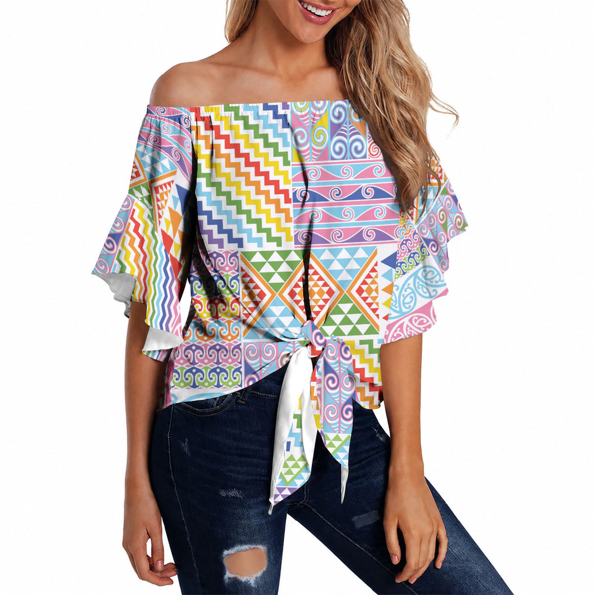 Aotearoa Kowhaiwhai Taniko Patchwork Rainbow Motifs Off Shoulder Wrap Waist Top LT9 Rainbow - Polynesian Pride