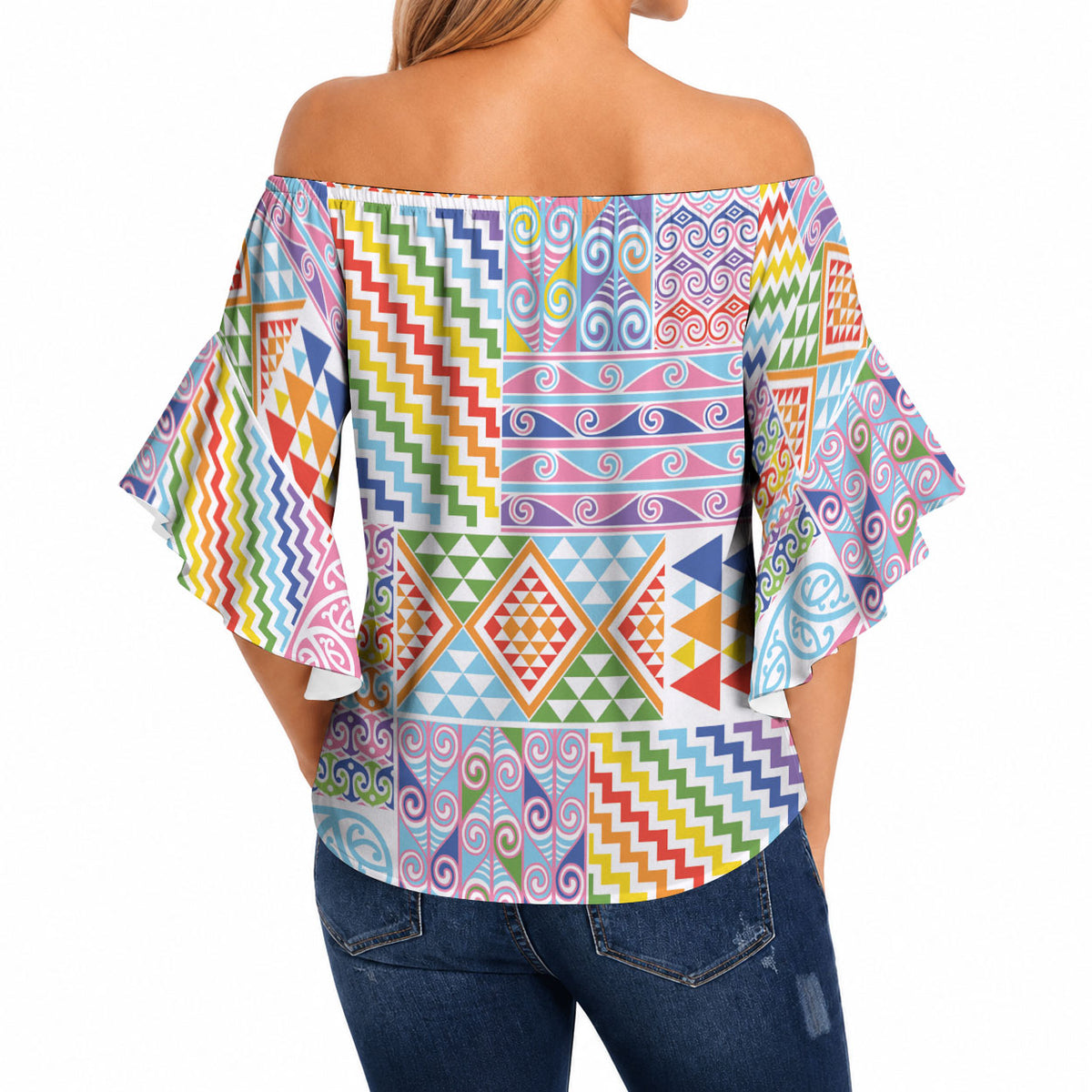 Aotearoa Kowhaiwhai Taniko Patchwork Rainbow Motifs Off Shoulder Wrap Waist Top LT9 - Polynesian Pride