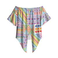 Aotearoa Kowhaiwhai Taniko Patchwork Rainbow Motifs Off Shoulder Wrap Waist Top LT9 - Polynesian Pride