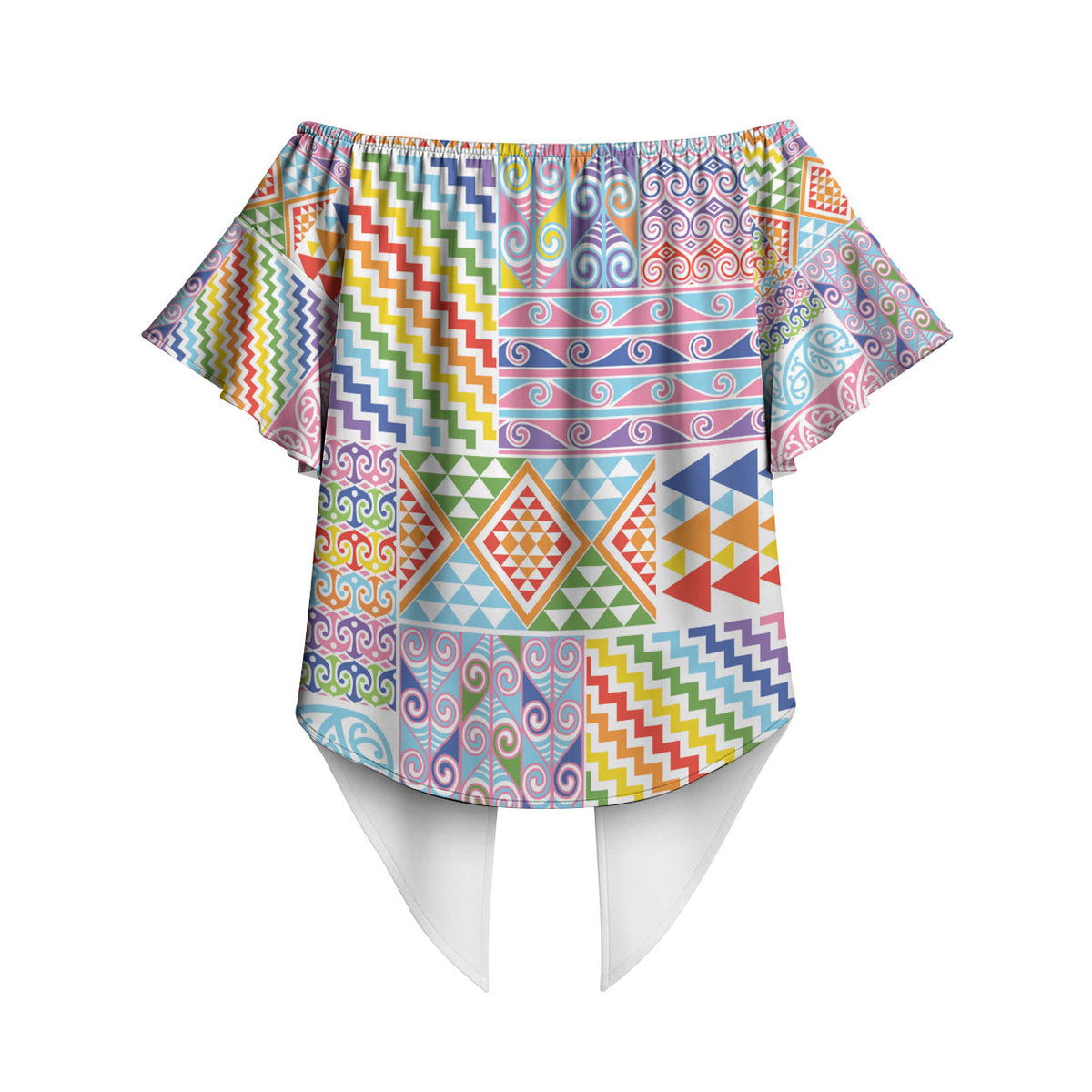 Aotearoa Kowhaiwhai Taniko Patchwork Rainbow Motifs Off Shoulder Wrap Waist Top LT9 - Polynesian Pride