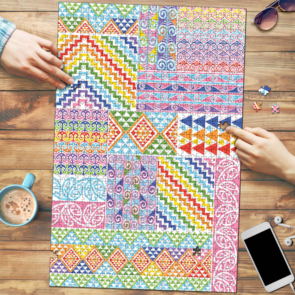 Aotearoa Kowhaiwhai Taniko Patchwork Rainbow Motifs Puzzle LT9 Rainbow - Polynesian Pride