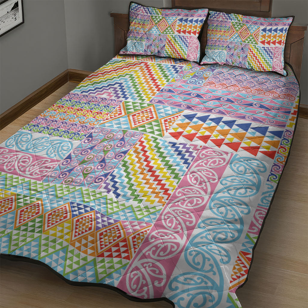 Aotearoa Kowhaiwhai Taniko Patchwork Rainbow Motifs Quilt Bed Set