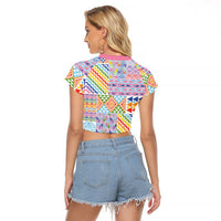 Aotearoa Kowhaiwhai Taniko Patchwork Rainbow Motifs Raglan Cropped T Shirt LT9 - Polynesian Pride