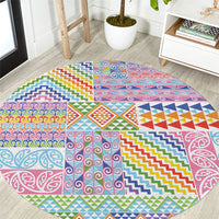 Aotearoa Kowhaiwhai Taniko Patchwork Rainbow Motifs Round Carpet LT9 Rainbow - Polynesian Pride