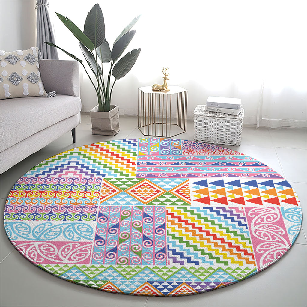 Aotearoa Kowhaiwhai Taniko Patchwork Rainbow Motifs Round Carpet LT9 - Polynesian Pride