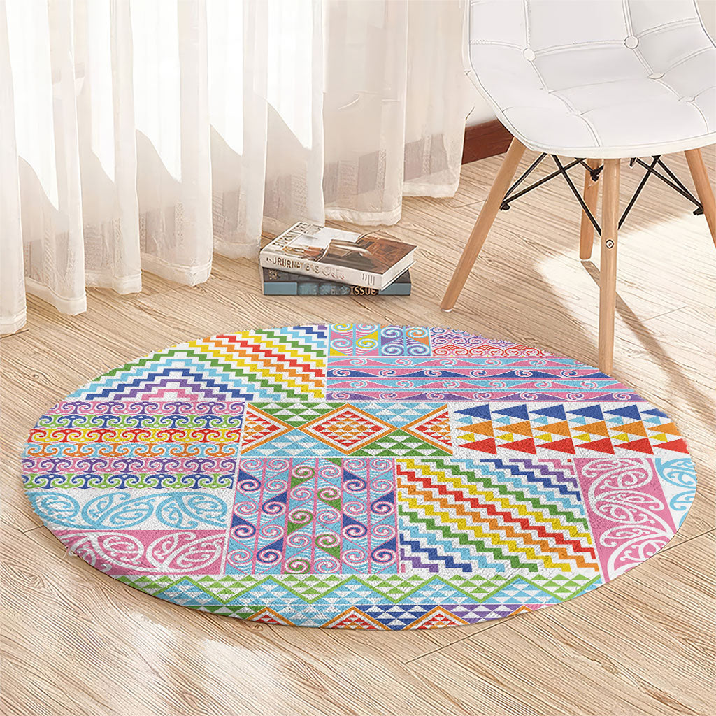 Aotearoa Kowhaiwhai Taniko Patchwork Rainbow Motifs Round Carpet LT9 - Polynesian Pride