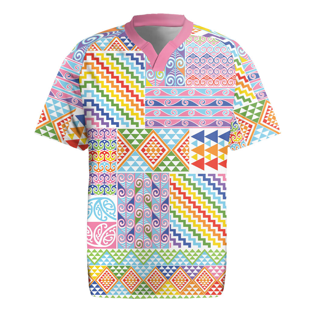 Aotearoa Kowhaiwhai Taniko Patchwork Rainbow Motifs Rugby Jersey LT9 Rainbow - Polynesian Pride