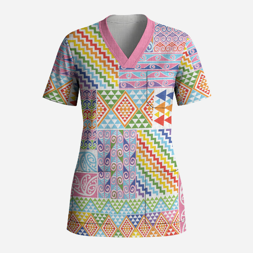 Aotearoa Kowhaiwhai Taniko Patchwork Rainbow Motifs Scrub Top LT9 Adult Rainbow - Polynesian Pride