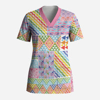 Aotearoa Kowhaiwhai Taniko Patchwork Rainbow Motifs Scrub Top LT9 Adult Rainbow - Polynesian Pride