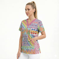 Aotearoa Kowhaiwhai Taniko Patchwork Rainbow Motifs Scrub Top LT9 - Polynesian Pride