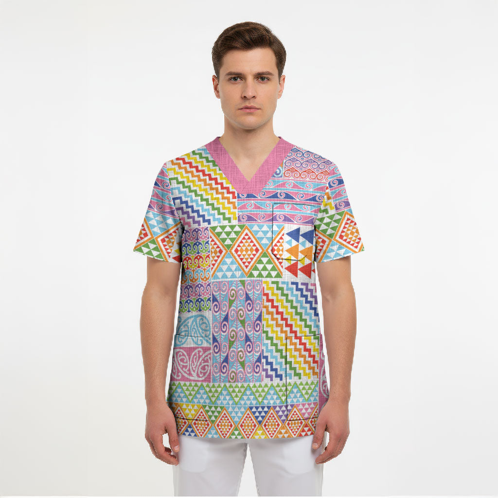 Aotearoa Kowhaiwhai Taniko Patchwork Rainbow Motifs Scrub Top LT9 - Polynesian Pride