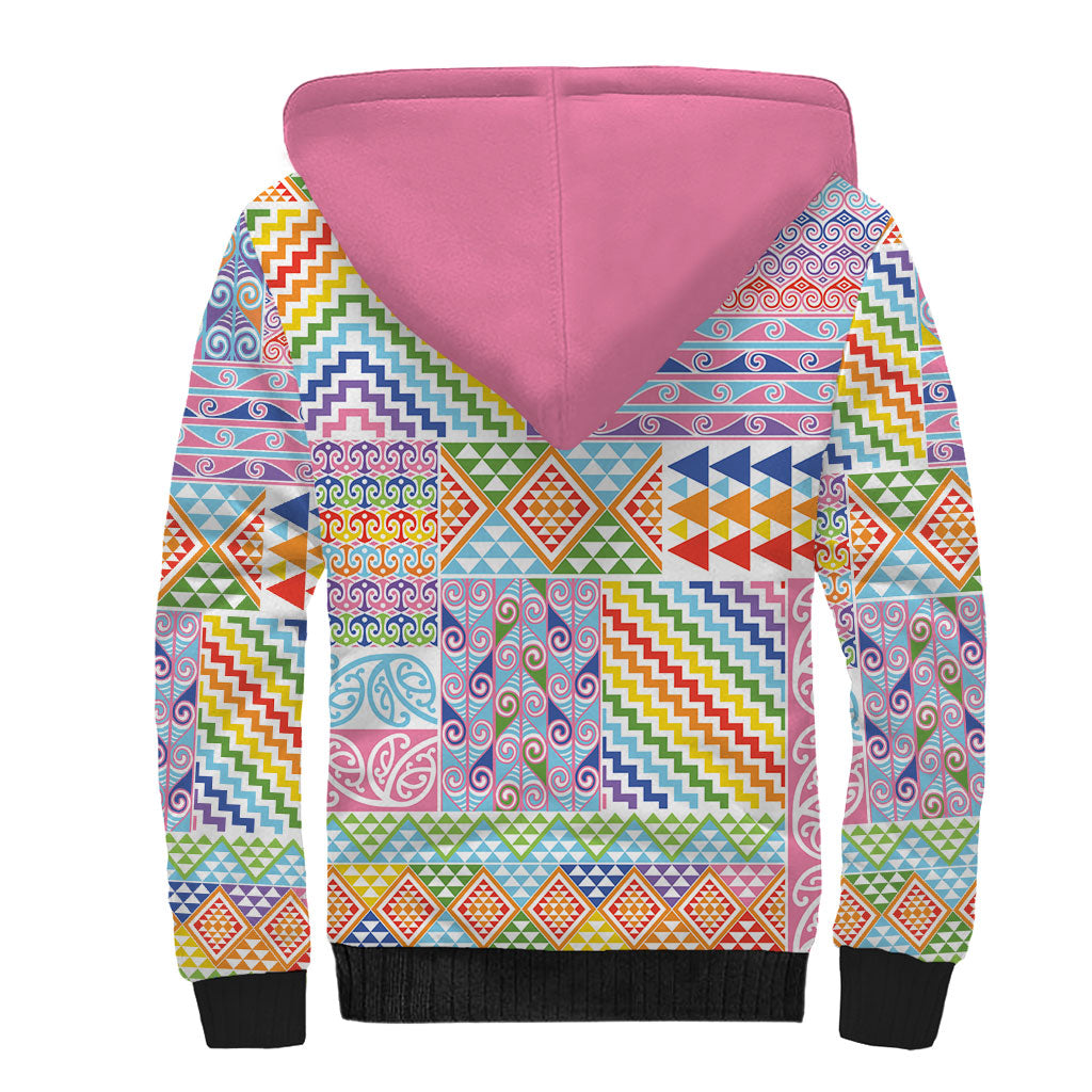 Aotearoa Kowhaiwhai Taniko Patchwork Rainbow Motifs Sherpa Hoodie LT9 - Polynesian Pride