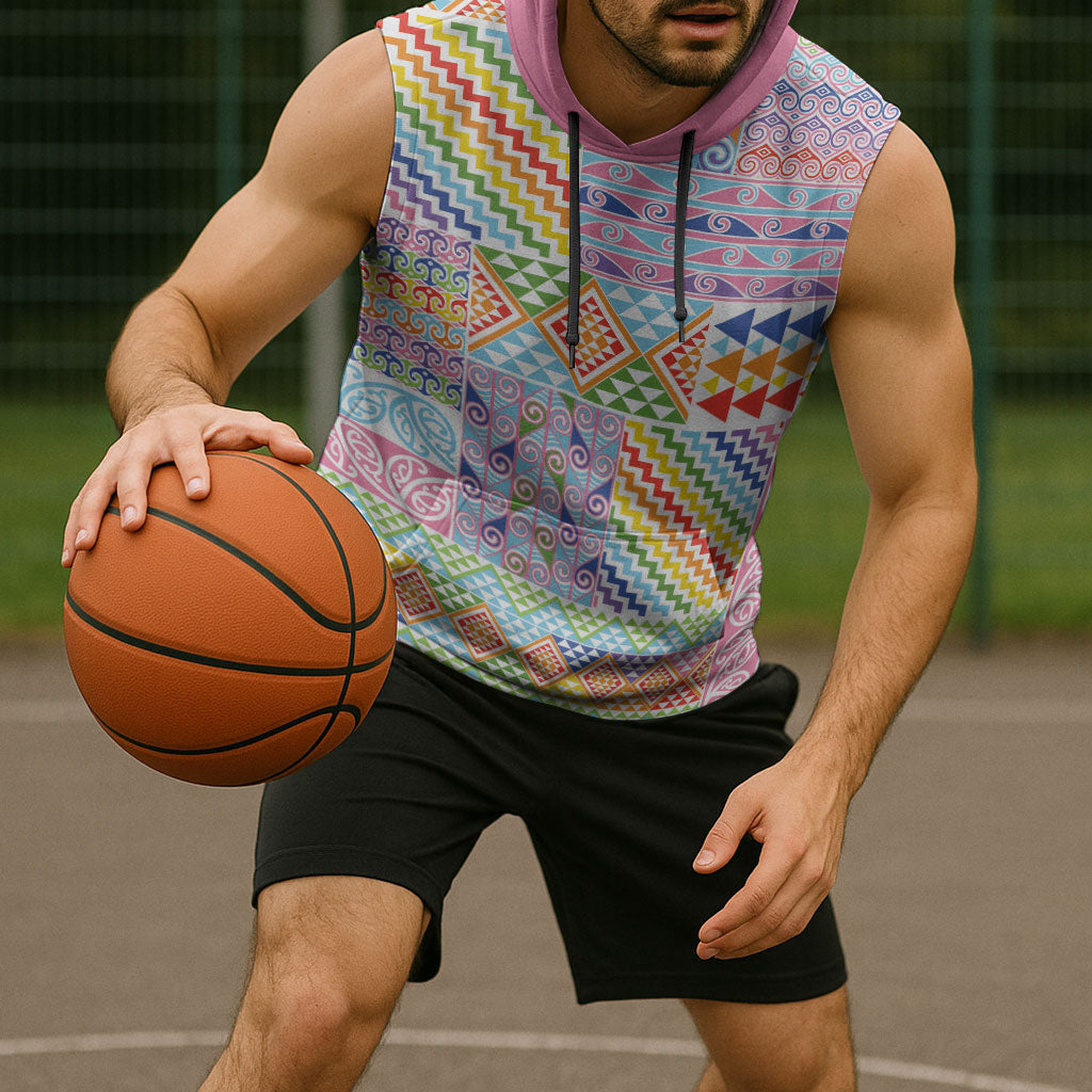 Aotearoa Kowhaiwhai Taniko Patchwork Rainbow Motifs Sleeveless Hoodie LT9 - Polynesian Pride