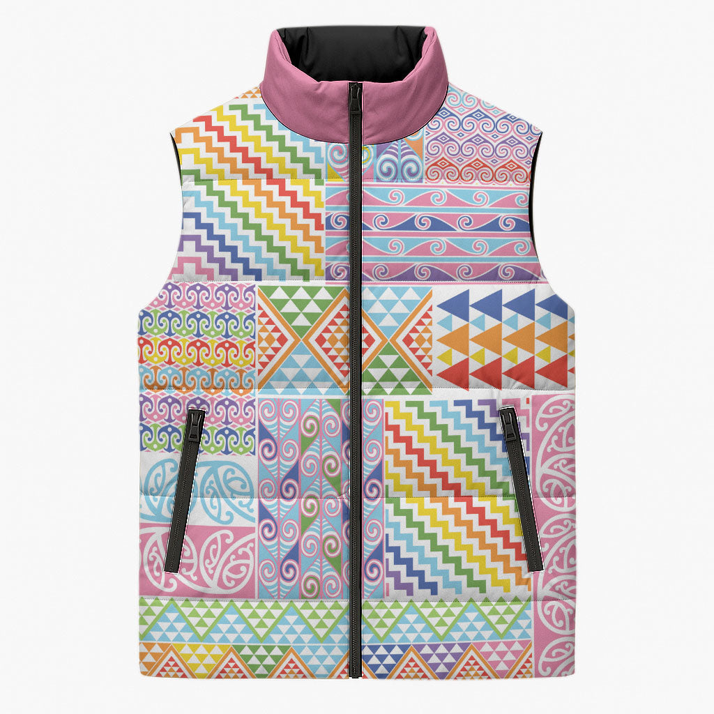 Aotearoa Kowhaiwhai Taniko Patchwork Rainbow Motifs Sleeveless Puffer Jacket LT9 Unisex Rainbow - Polynesian Pride